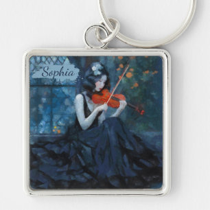 Dark Fantasy Gothic Violinist in Moonlit Garden Keychain