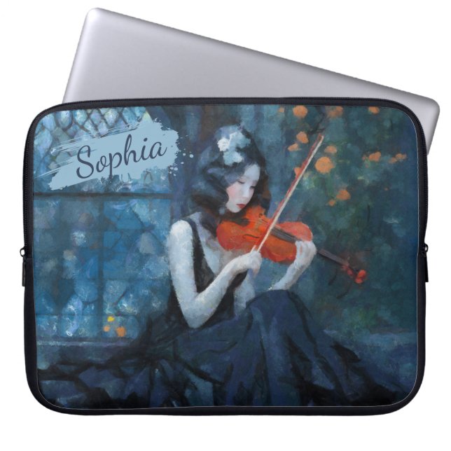 Dark Fantasy Gothic Violinist in Moonlit Garden Laptop Sleeve (Front)