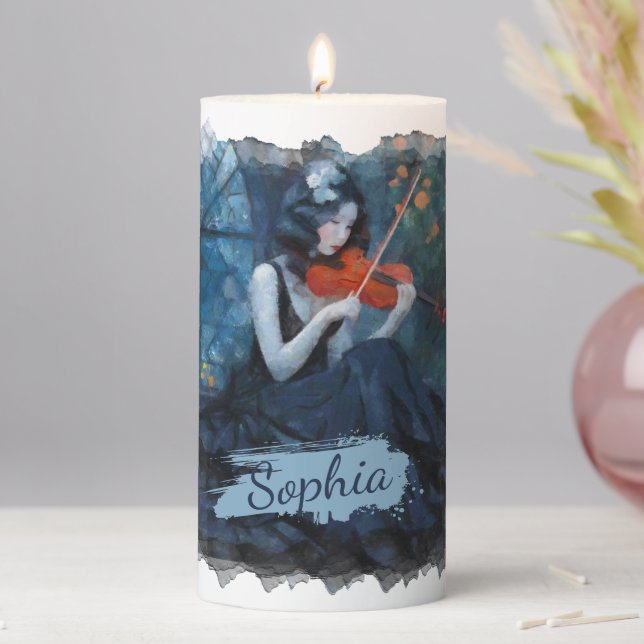 Dark Fantasy Gothic Violinist in Moonlit Garden Pillar Candle (In Situ)
