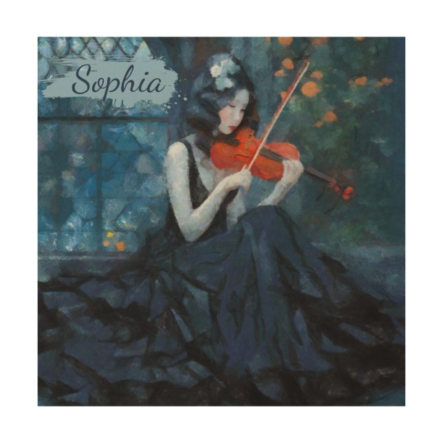 Dark Fantasy Gothic Violinist in Moonlit Garden Wood Wall Art (Front)