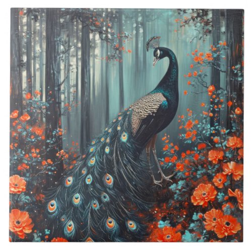 Dark Fantasy Peacock and Red Flowers Ceramic Tile