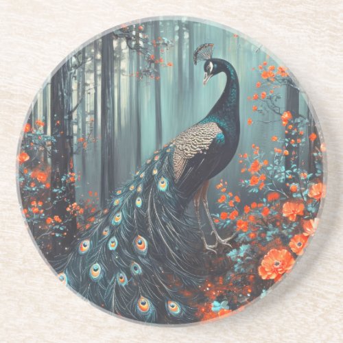 Dark Fantasy Peacock and Red Flowers Coaster