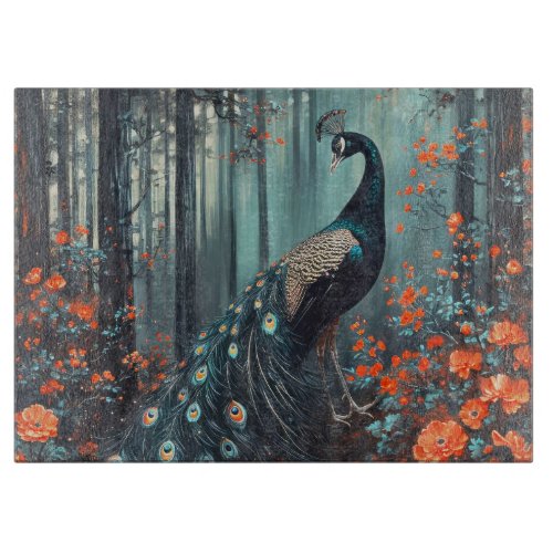 Dark Fantasy Peacock and Red Flowers Cutting Board