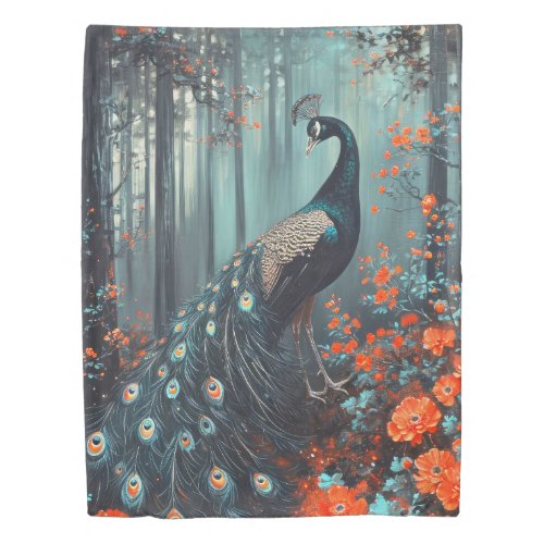 Dark Fantasy Peacock and Red Flowers Duvet Cover