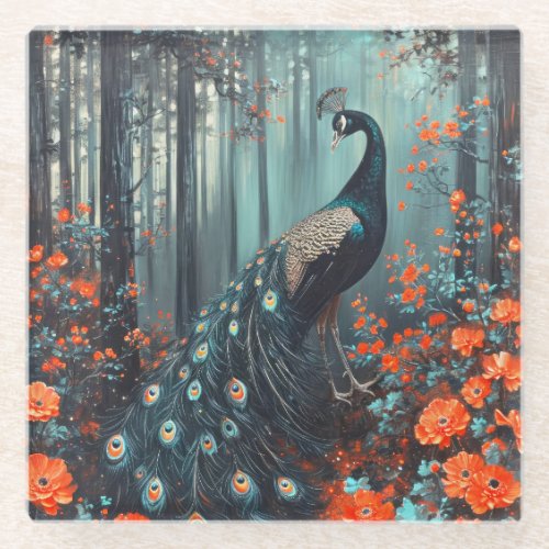 Dark Fantasy Peacock and Red Flowers Glass Coaster