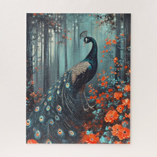 Dark Fantasy Peacock and Red Flowers Jigsaw Puzzle