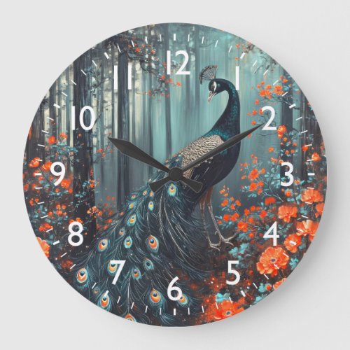 Dark Fantasy Peacock and Red Flowers Large Clock