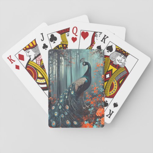 Dark Fantasy Peacock and Red Flowers Playing Cards