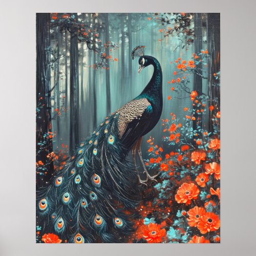 Dark Fantasy Peacock and Red Flowers Poster