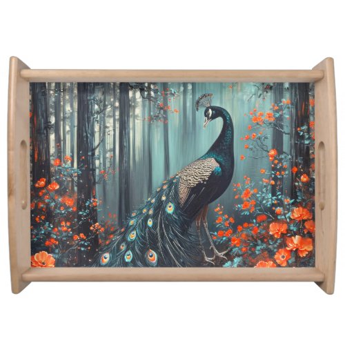 Dark Fantasy Peacock and Red Flowers Serving Tray