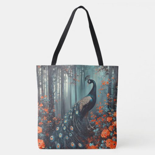 Dark Fantasy Peacock and Red Flowers Tote Bag