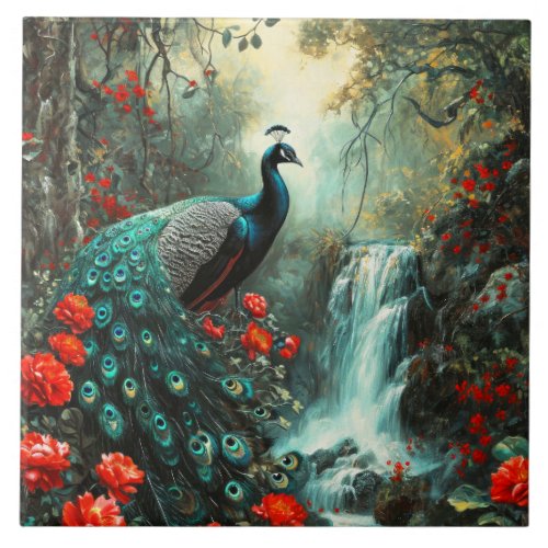 Dark Fantasy Peacock and Waterfall Ceramic Tile