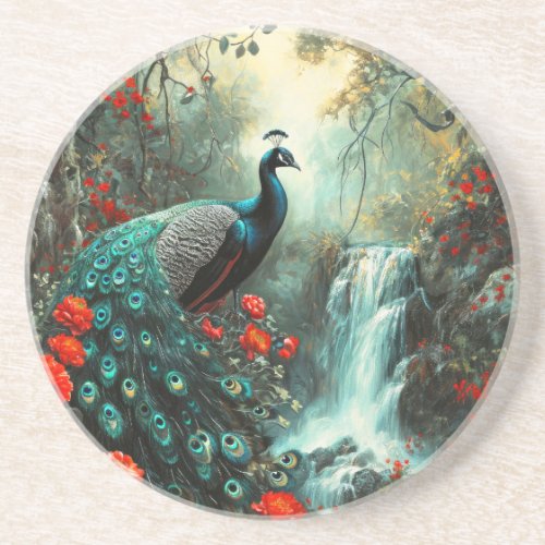 Dark Fantasy Peacock and Waterfall Coaster