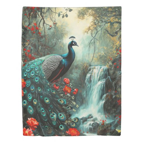 Dark Fantasy Peacock and Waterfall Duvet Cover