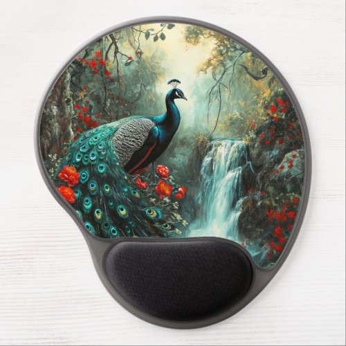 Dark Fantasy Peacock and Waterfall Gel Mouse Pad