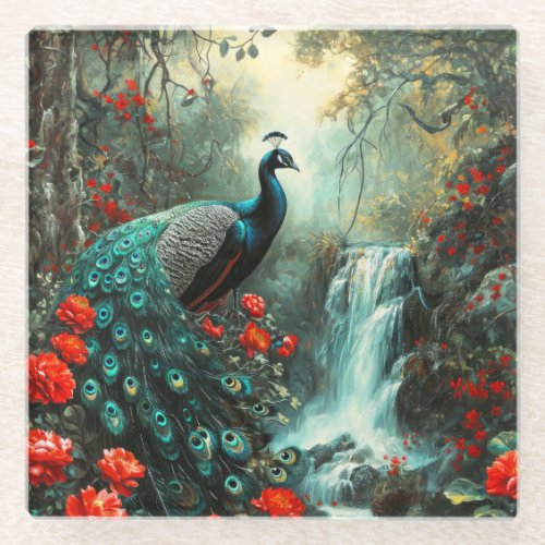 Dark Fantasy Peacock and Waterfall Glass Coaster