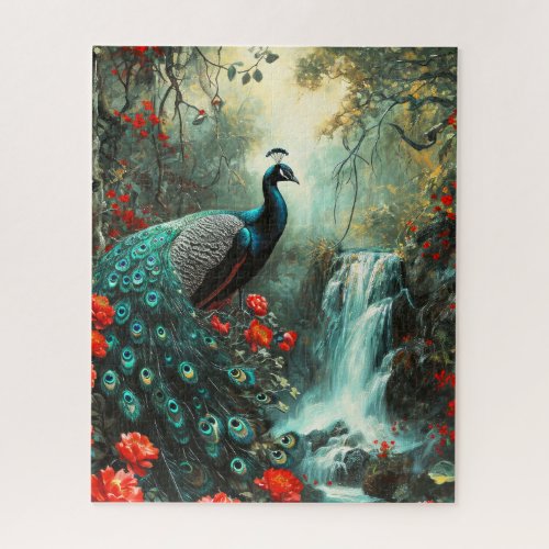 Dark Fantasy Peacock and Waterfall Jigsaw Puzzle