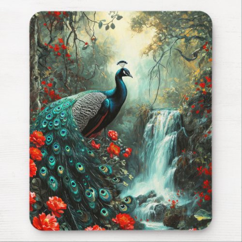 Dark Fantasy Peacock and Waterfall Mouse Pad