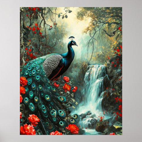 Dark Fantasy Peacock and Waterfall Poster