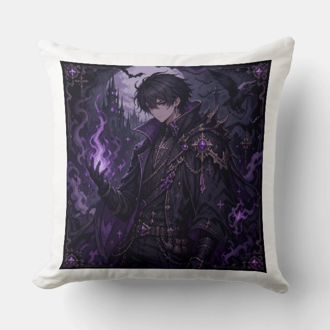 Dark Fantasy Pixel Sorcerer Boy Throw Pillow (Front)
