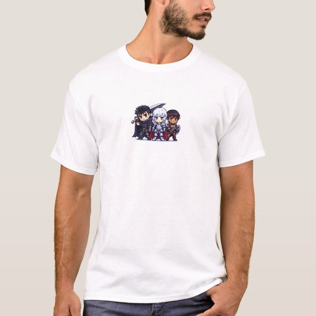 Dark Fantasy Pixel Warriors Trio, Retro Anime T-Shirt (Front)