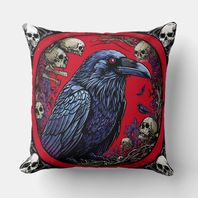 Dark Fantasy Raven & Skulls Decorative  Throw Pillow (Front)