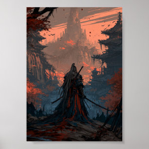 Dark Fantasy Samurai Traveler Facing a Distant For Poster