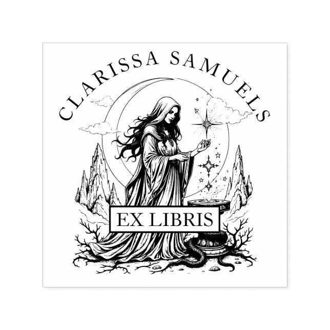 Dark Fantasy Sorceress Ex Libris Library Book Self-inking Stamp (Design)