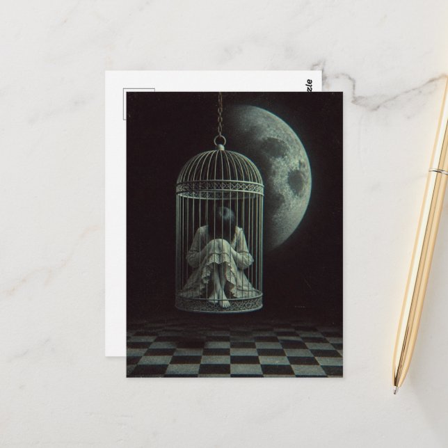 Dark Fantasy Surreal Birdcage and Moon Postcard (Front/Back In Situ)