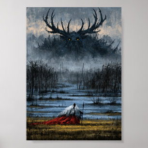 Dark Fantasy Swamp Warrior Facing Giant Horned Poster