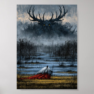 Dark Fantasy Swamp Warrior Facing Giant Horned Poster