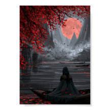 Dark Fantasy Traveler in a Boat Under Red Moon
