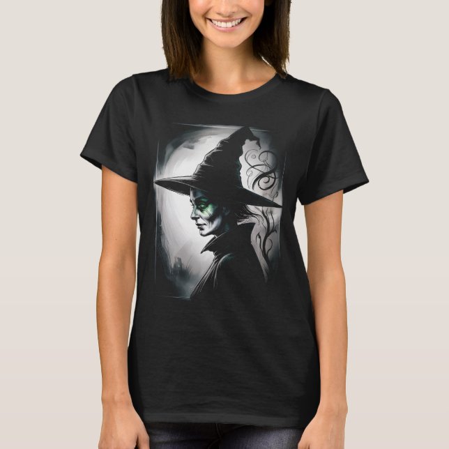 Dark Fantasy Witch Portrait Silver Green Eyes Goth T-Shirt (Front)
