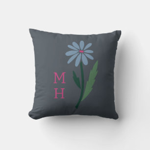 Dark Farmhouse Retro Blue Floral Monogram Gray Throw Pillow