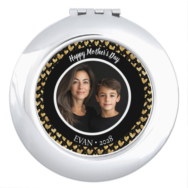 Dark Faux Golden Foil Hearts Mother's Day Compact Mirror (Front)