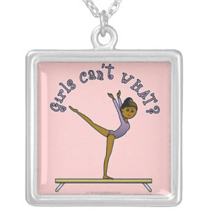 Dark Female Gymnast on Balance Beam Silver Plated Necklace