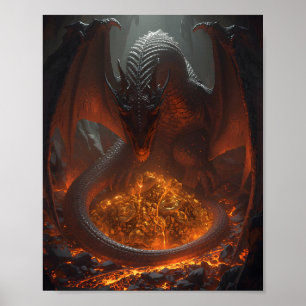 Dark Fire Dragon Guarding Treasure – Fantasy Art Poster