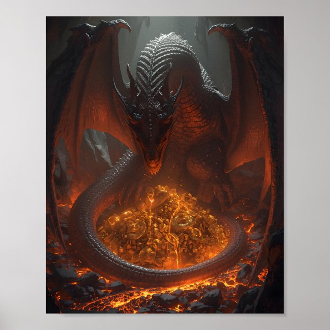 Dark Fire Dragon Guarding Treasure – Fantasy Art Poster (Front)