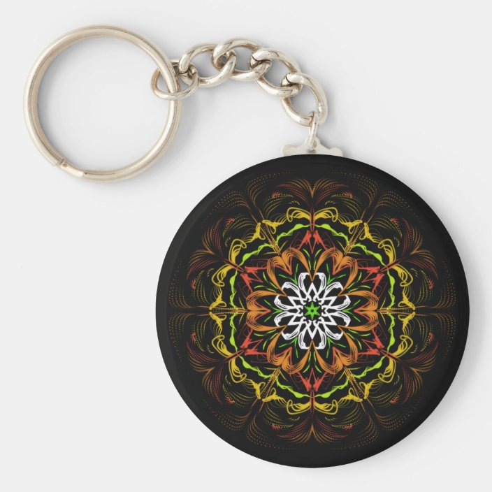 Dark Fire Kaleidoscope Mandala Yellow Orange Black Keychain