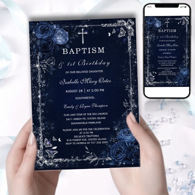 Dark Floral Baptism Invitation Moody Deep Blue (Creator Uploaded)