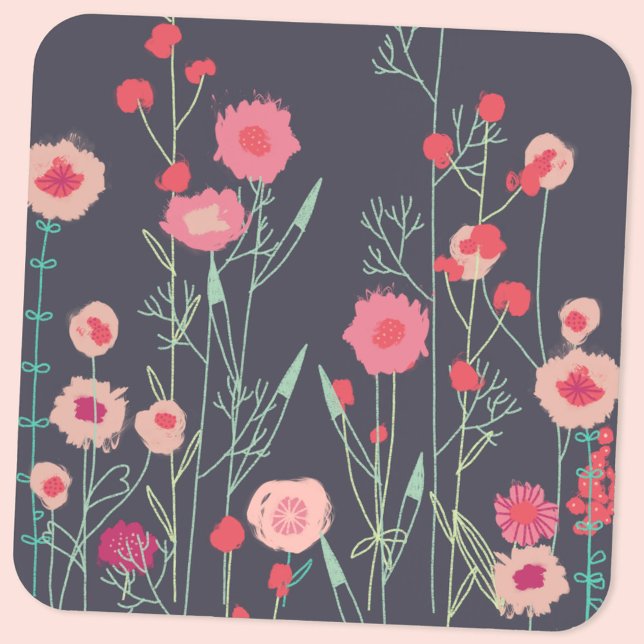 Dark Floral Beverage Coaster (Boho floral pink and charcoal gray coaster)