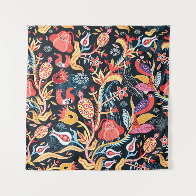 Dark Floral Birds: Ornamental Pattern. Tapestry (Front)