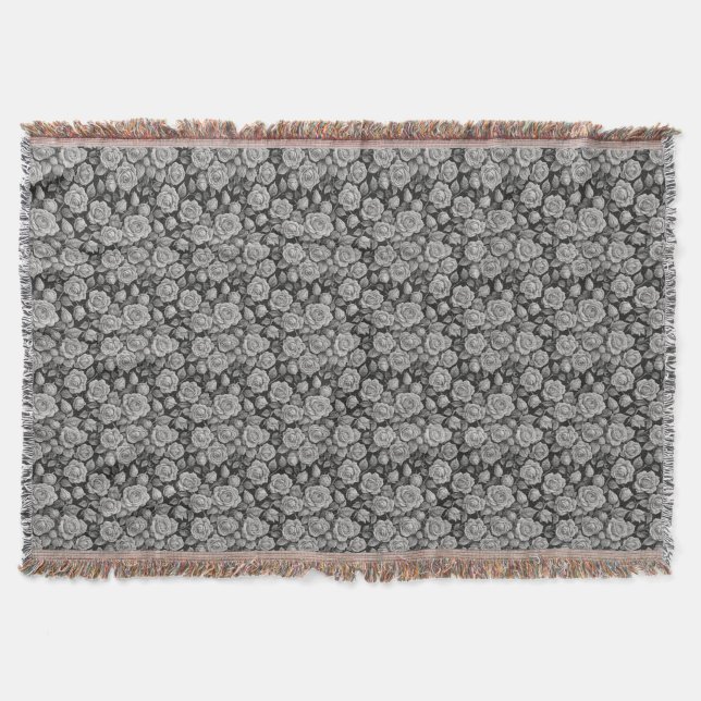 Dark Floral Black Grey Roses Aesthetic Throw Blanket (Front)