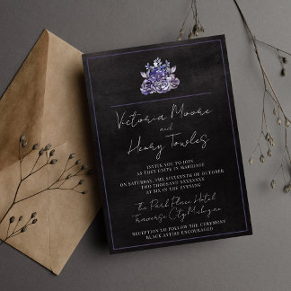Dark Floral Black Halloween Purple Moody Wedding Invitation