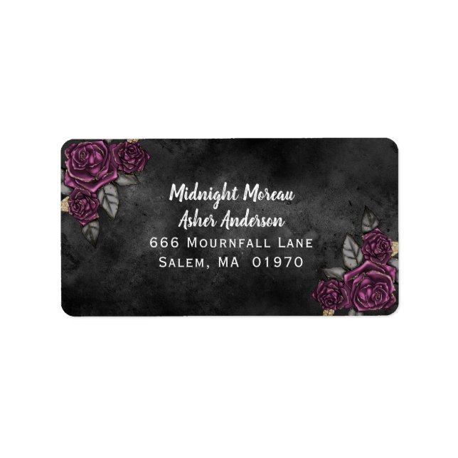 Dark Floral Black Wedding Address Label (Front)