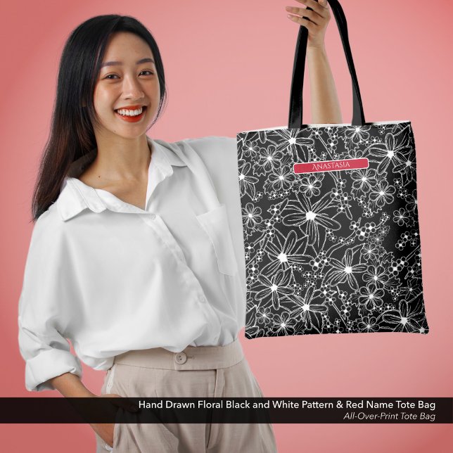 Dark Floral Black White Pattern & Red Name  Tote Bag (All-Over-Print Tote Bag: Hand Drawn Floral Pattern in Black and White with Name in Red)