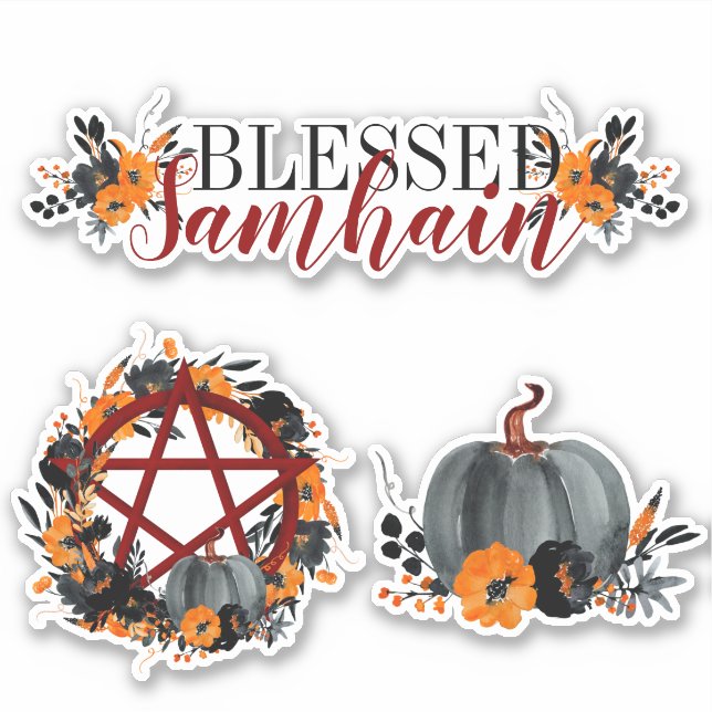 Dark Floral Blessed Samhain Pentacle & Pumpkins Sticker (Front)