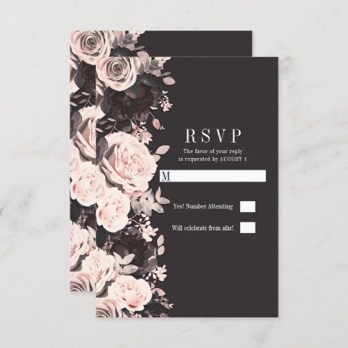 Dark Floral Blush Pink Charcoal Black Wedding RSVP Invitation