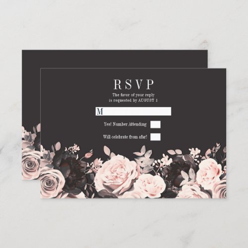 Dark Floral Blush Pink Charcoal Black Wedding RSVP Invitation