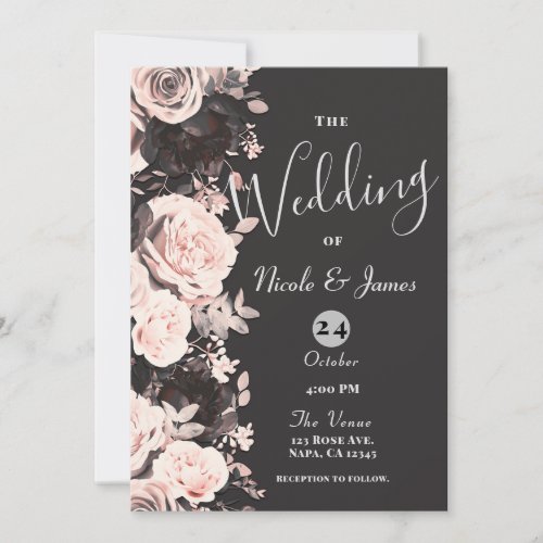 Dark Floral Blush Pink Charcoal Grey Black Wedding Invitation